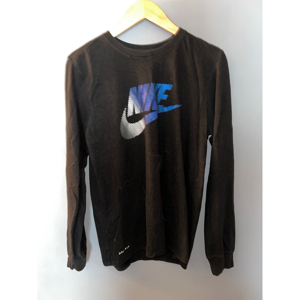 Nike Dri-FIT Long Sleeve Graphic Tee Black Blue‎ Swoosh Athletic Shirt Mens M